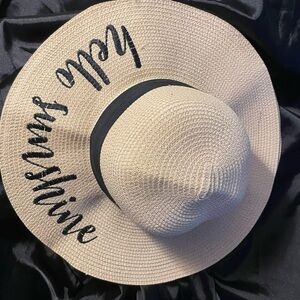 Wide Brim Straw Sun Hat with Black Band - Hello Sunshine